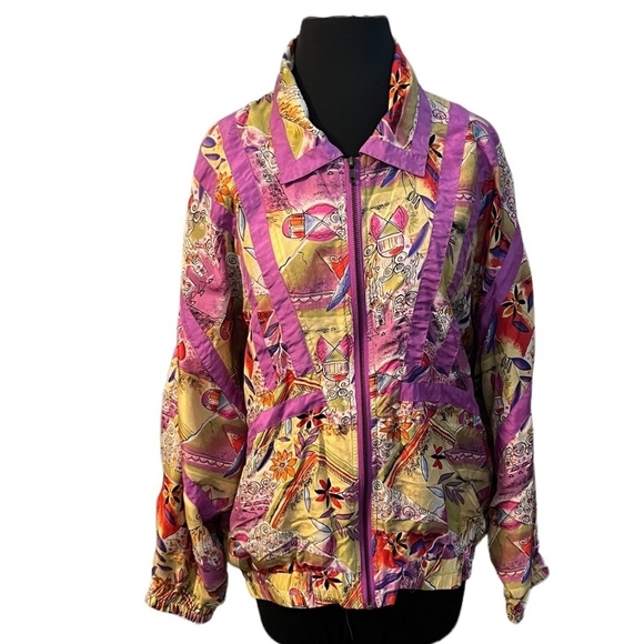 Vintage Donna Toran Abstract 100% Silk Track Jacket Multicolored Small
